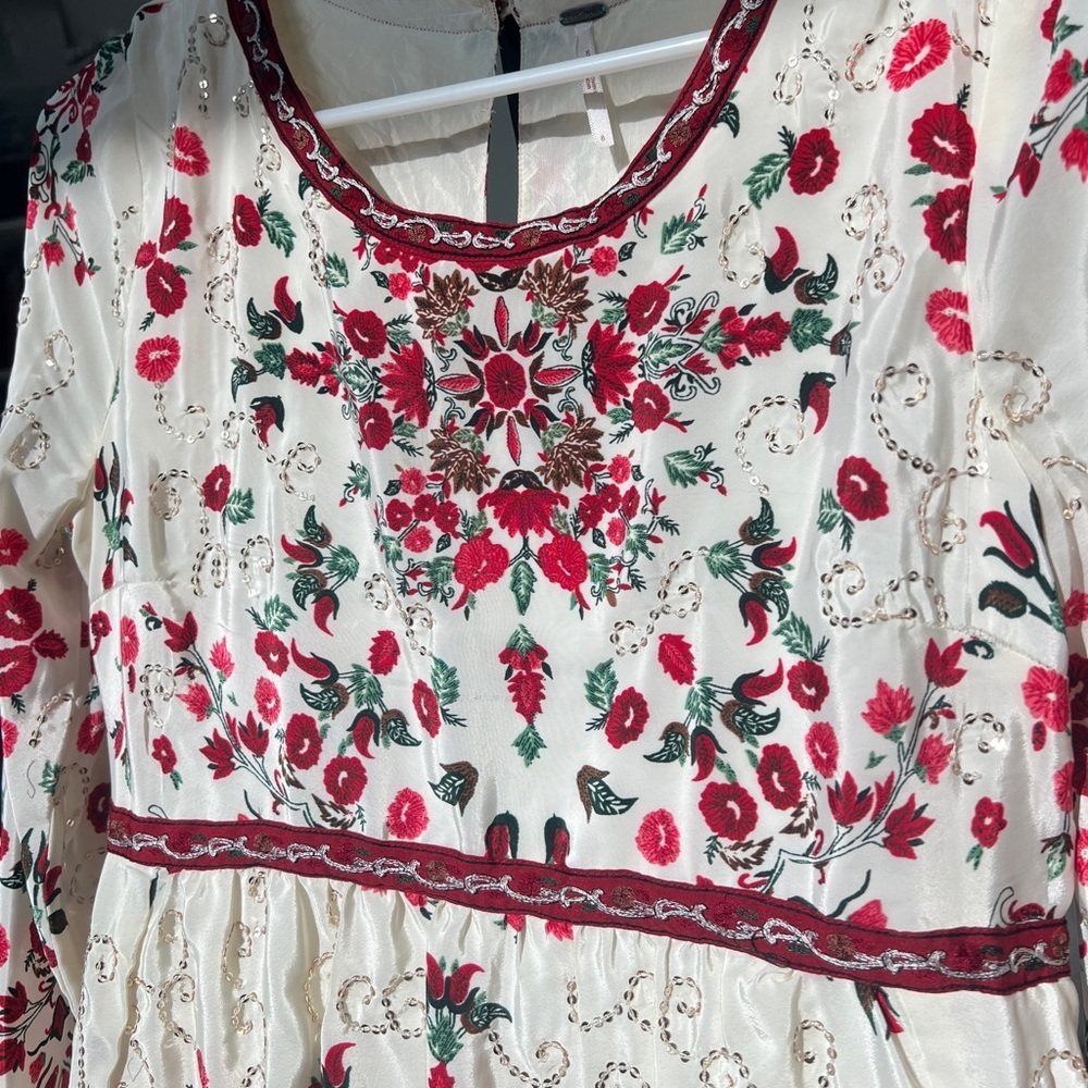 Free People Red Floral Embroidered Long Sleeve Dress - Size 8 - Picture 10 of 11